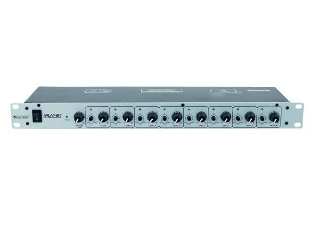Audio mixing console rack with ten channels, each with individual rotary controls and input/output connections.