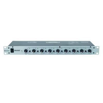 Audio mixing console rack with ten channels, each with individual rotary controls and input/output connections.