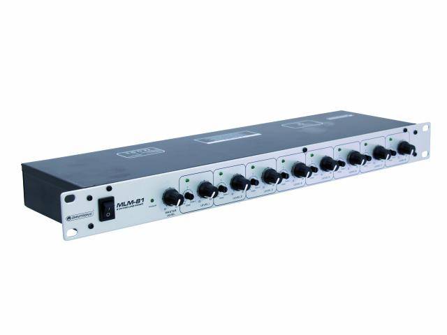 An audio mixing desk in a rack format with eight channels, predominantly black and silver, fitted with rotary controls and a power switch.