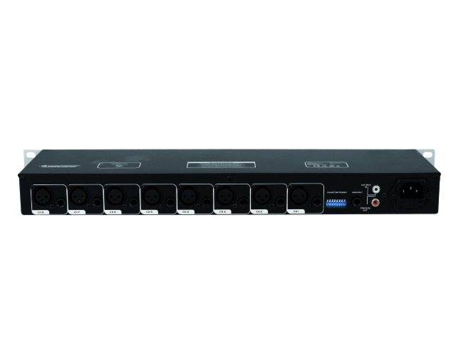 Back of an audio rack with multiple XLR outputs, RCA connections, and a mains power cable socket.