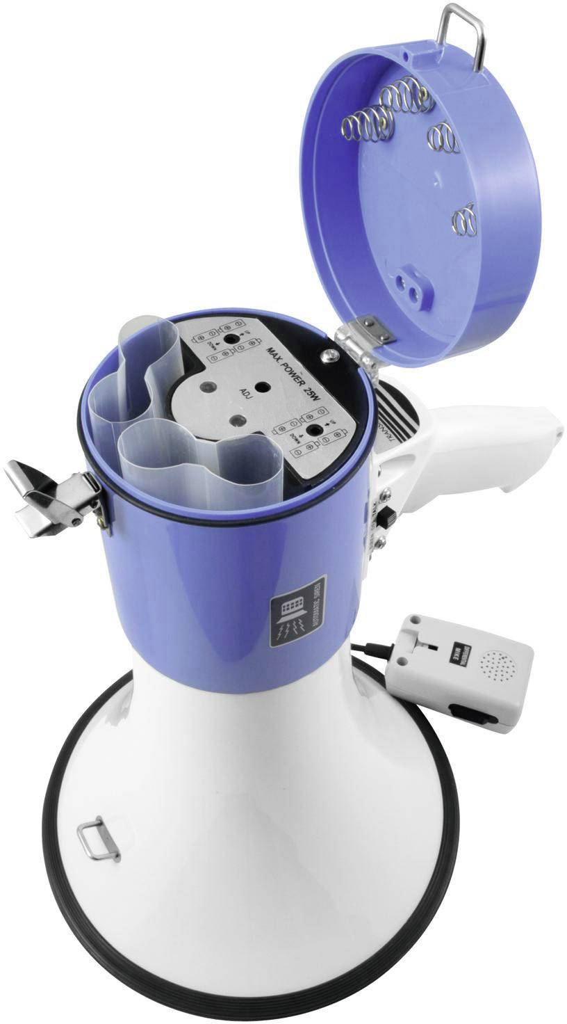 An open megaphone viewed from above, showing the inner section with battery compartment and control elements on the lid.