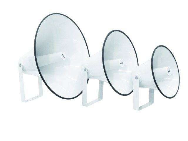 Three white megaphones of different sizes are standing side by side on a white background.