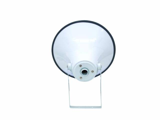 A white loudspeaker horn with a black border, viewed from the front, on a white background, mounted on a metal stand.