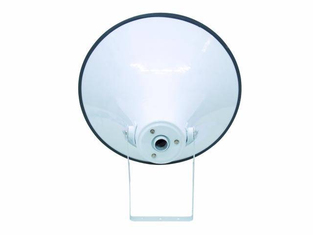 A white parabolic antenna with mounting bracket, used for the transmission of radio or satellite signals.