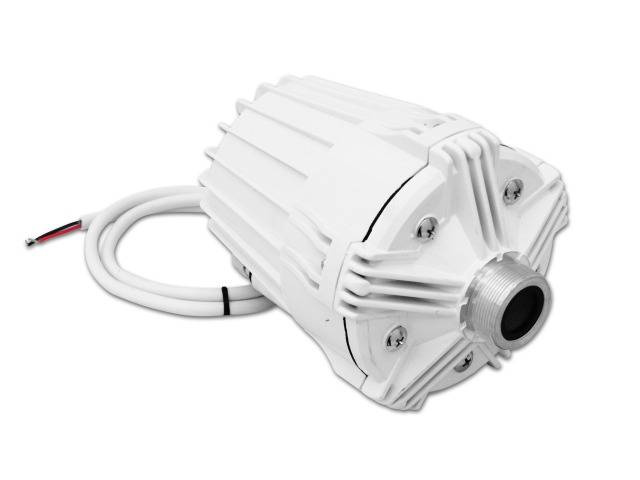 A white, cylindrical electric motor with cable connection. Distinctive cooling fins on the surface for heat dissipation.