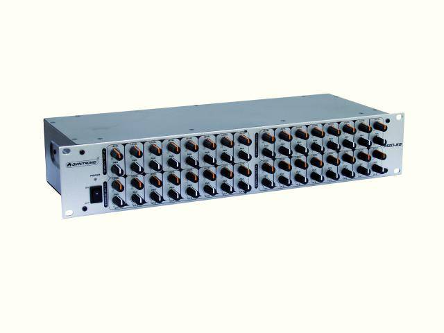 A silver-coloured rack-mount audio device with multiple rotary controls and input connections.