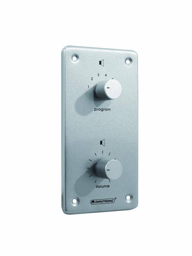 Wall-mounted audio control with two rotary knobs. Top: Programme selection with numbers 1-6. Bottom: Volume control with scale from 1-10.
