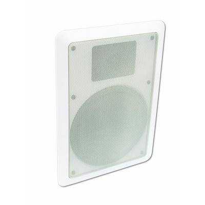 White rectangular wall speaker cover with perforated metal grille.