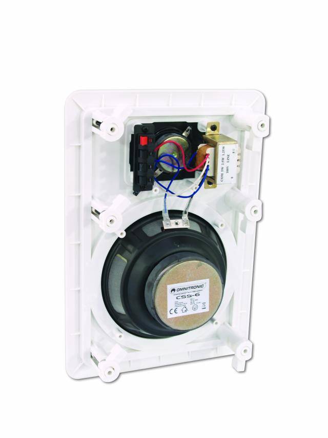 Rectangular white built-in speaker with visible wiring and a black round speaker element in the centre.
