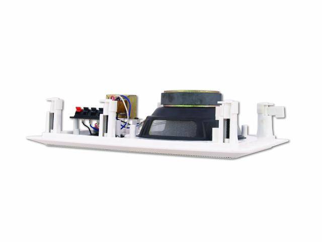 A loudspeaker with integrated amplifier and connection terminals, side view.