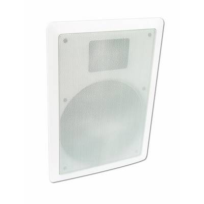 A rectangular wall-mounted speaker with a white frame and metal grille cover.