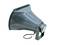 A silver speaker with a metal stand, suitable for mounting, shows the front of the funnel-shaped opening.