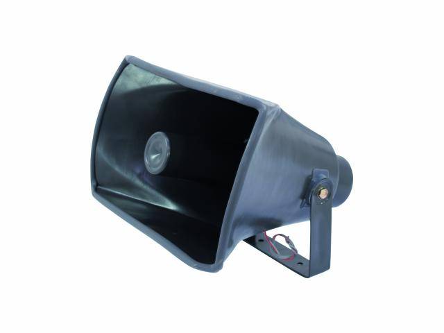 Grey speaker with rectangular horn, suitable for public announcements or speaker systems, mounted on a bracket.