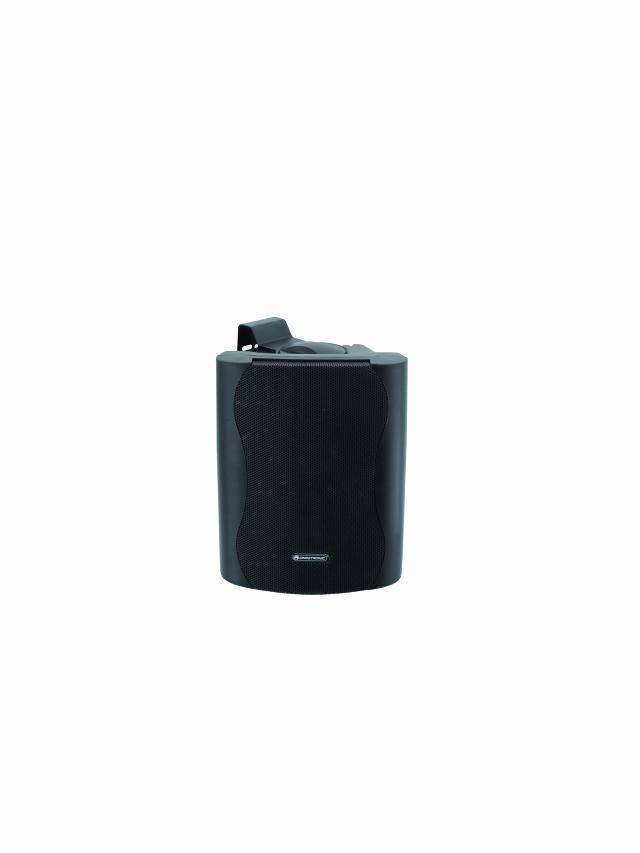 Black portable speaker with handle on top; compact and ideal for on the go.