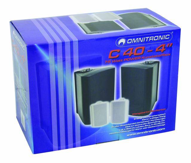 Omnitronic loudspeaker boxes C 40-4, 75 watts, pictured on blue cardboard.