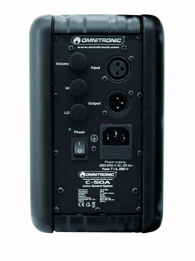 Back of an Omnitronic C-50A speaker with volume control, input and output connections, power socket, and power switch.