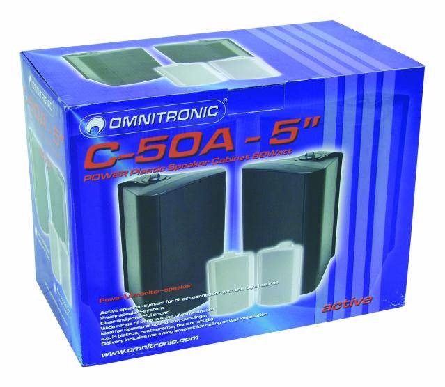 'OMNITRONIC C-50A 5" Active Loudspeakers' packaging with product illustration. Two black loudspeakers with blue and orange details.