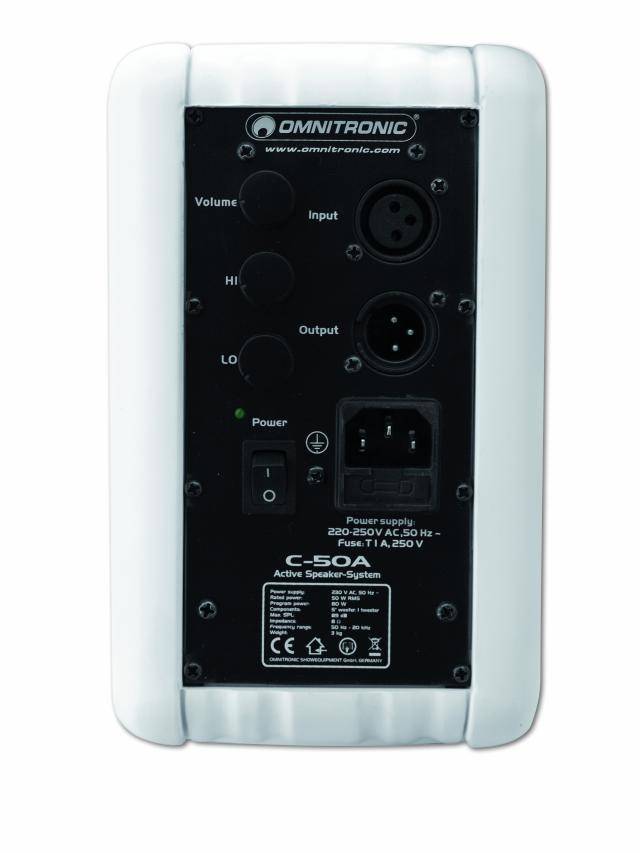 Rear view of an audio device with volume control, input and output sockets, and power connection. Label: 'Omnitronic C-50A'.