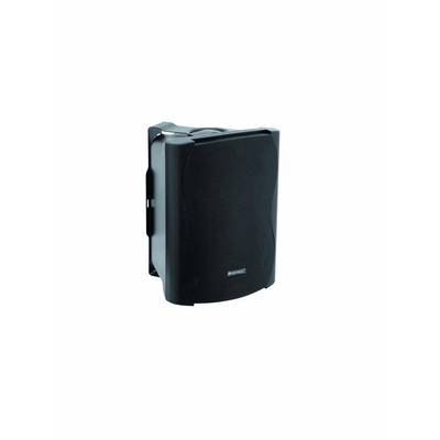 Black, rectangular speaker with rounded edges, mounted on a wall bracket, suitable for audio output.