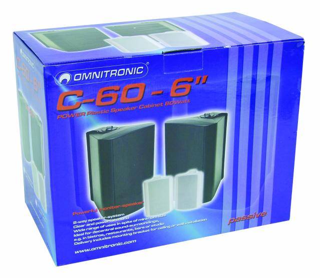 Box with the inscription 'OMNITRONIC C-60 - 6" PASSIVE Plastic Speaker Cabinet', showing two black loudspeaker illustrations.