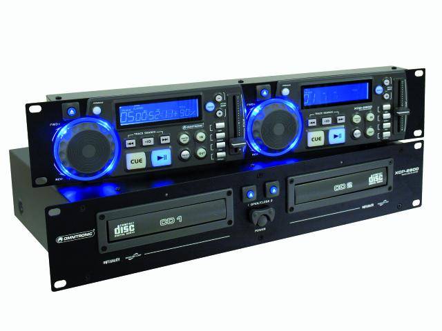Twin CD player in a rack, with blue illuminated controls and displays, suitable for DJs to manage music.
