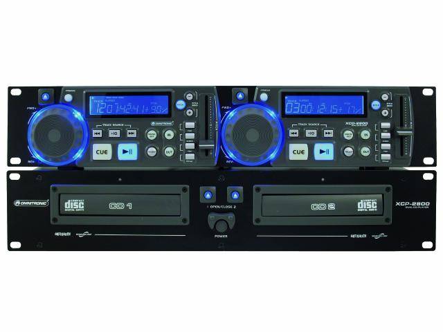Double DJ CD player console with blue displays and numerous control elements. Displays show time information.