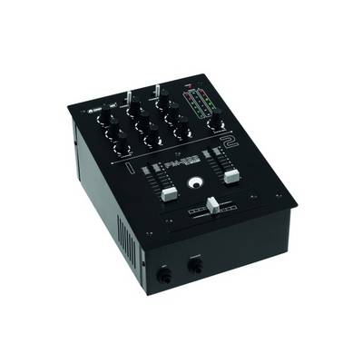DJ mixing desk with two channels, multiple rotary knobs and sliders for audio control. LED displays show volume levels.
