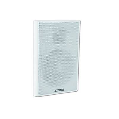 A white wall-mounted loudspeaker with a rectangular grille, suitable for indoor sound reinforcement.