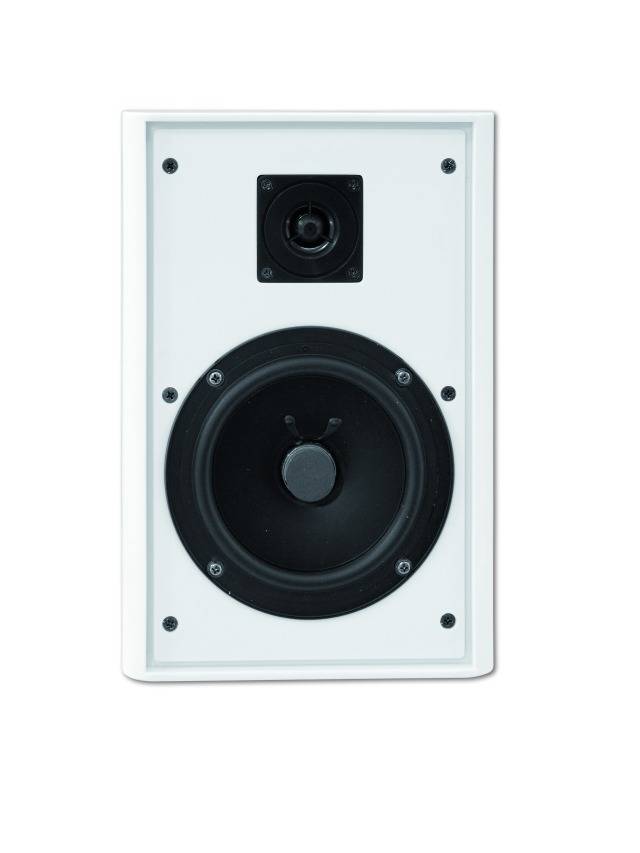 A white wall-mounted loudspeaker with a large woofer at the bottom and a small tweeter at the top. Suitable for indoor sound reproduction.