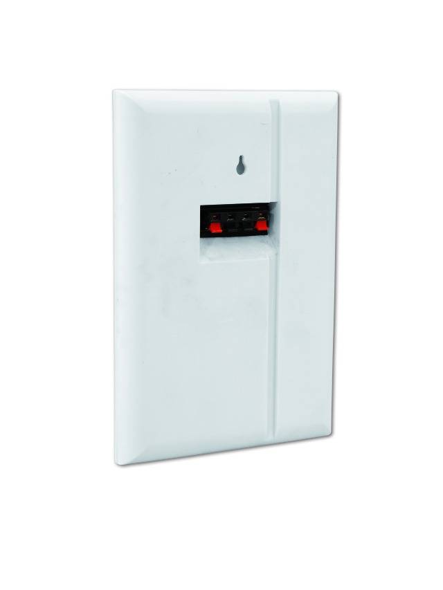 White electric wall socket with two red buttons in the centre.