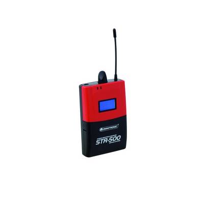 A red and black pocket transmitter with antenna and display, model 'STR-500', by Omnitronic.