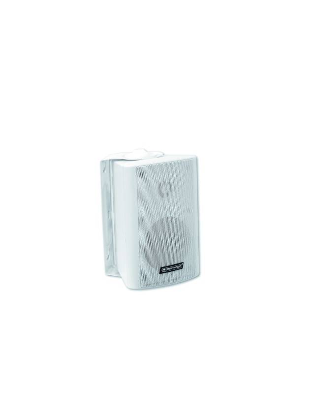 A white, rectangular speaker with rounded corners. A brand logo is visible on the speaker.