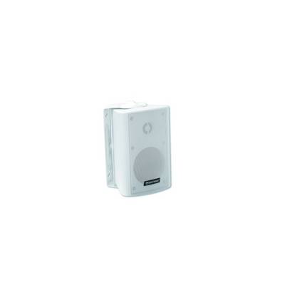 A white, rectangular speaker with rounded corners. A brand logo is visible on the speaker.