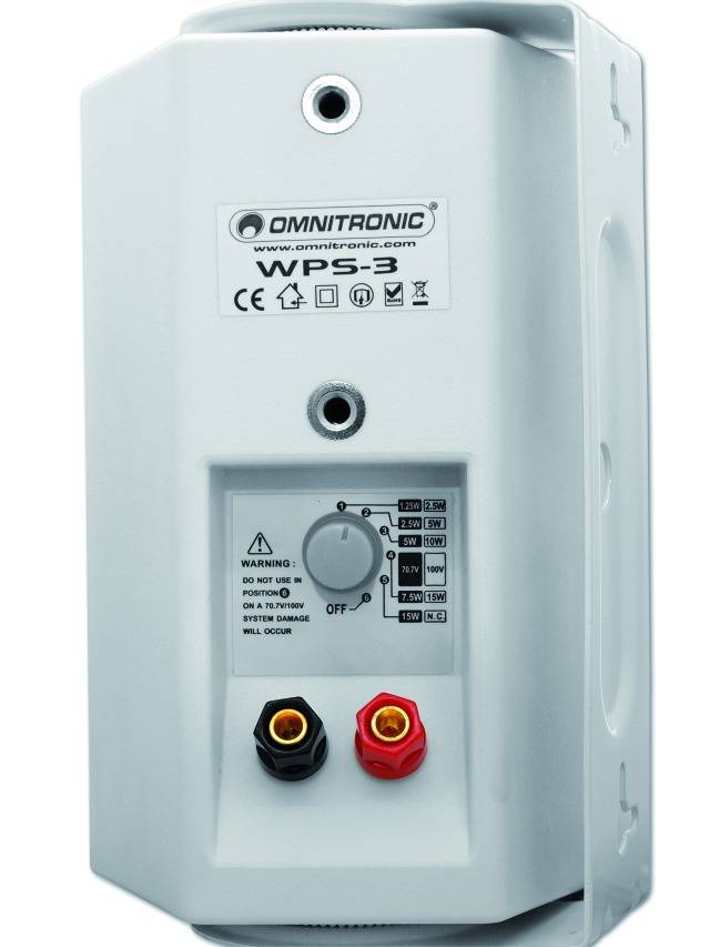 White speaker box by Omnitronic, model WP5-3, with volume control, safety warning, and connections at the bottom.