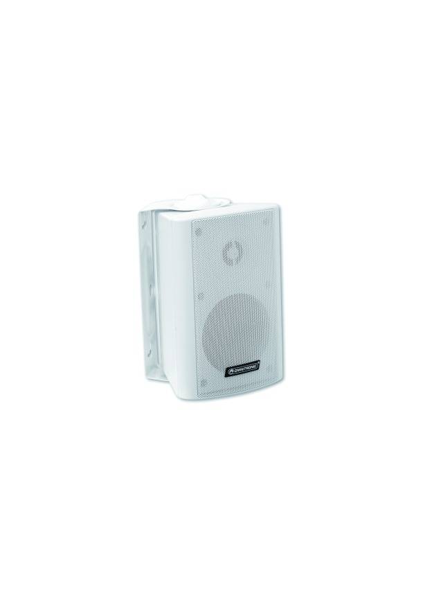 White wall-mounted speaker box with visible speaker and protective grille, suitable for indoor and outdoor use.
