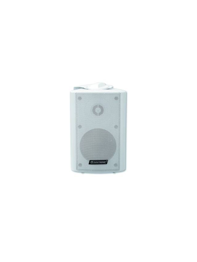 A white loudspeaker with a circular grille, suitable for wall mounting. An essential component of an audio system for sound reproduction.