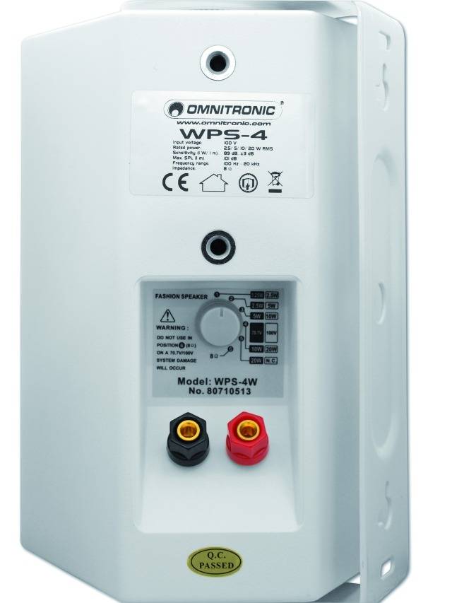 White speaker box by Omnitronic, model WPS-4. Shows connections and labels on the back, including serial number.
