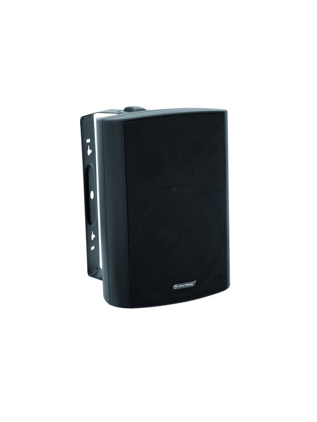 Black wall-mounted speaker with rounded corners and side markings for volume control.