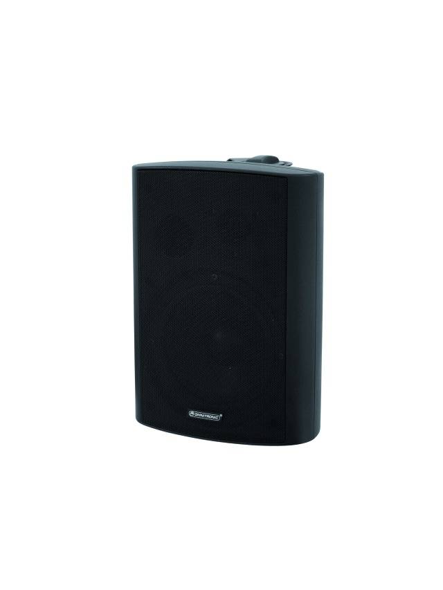 Black speaker with a volume control on top. Suitable for indoor and outdoor use. Brand name visible on the front.