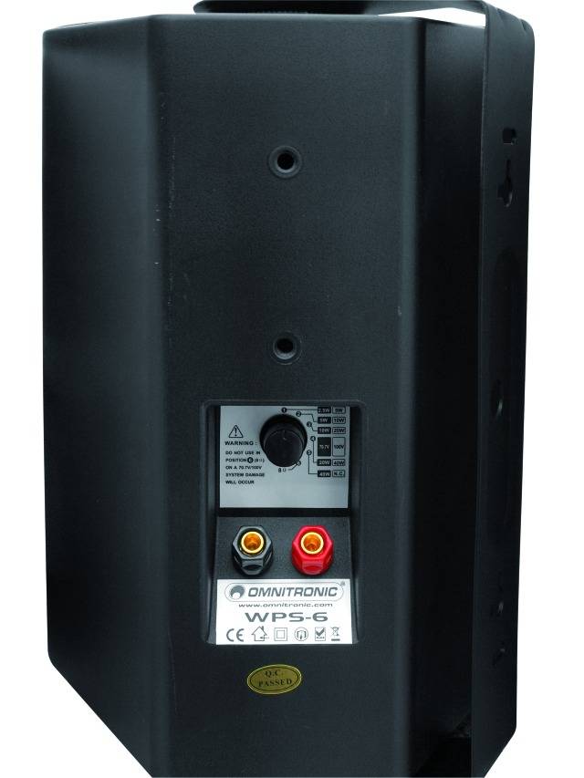 Black loudspeaker with connections and Omnitronic logo on the back. Model: WPS-6.