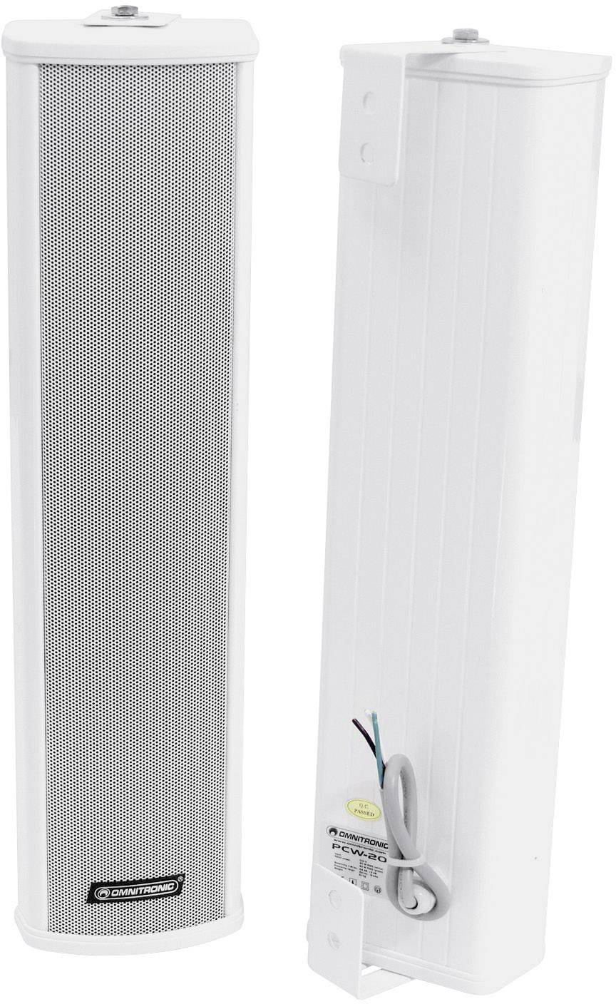 Two white speakers; one frontal with visible grille, the other from the side with cables, suitable for wall mounting.