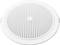 Round, white speaker with numerous, evenly distributed openings on the front. Suitable for ceiling mounting.