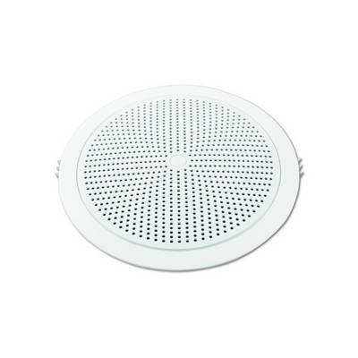 A white round ceiling speaker with many small holes in the cover.
