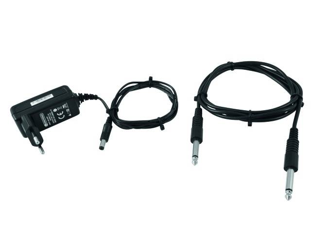 A black power supply unit and a longer cable with two jack plugs.