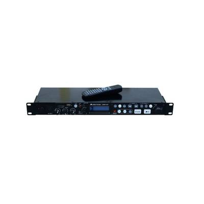 A black audio player with a display and multiple control buttons. A remote control is placed on top of the device.