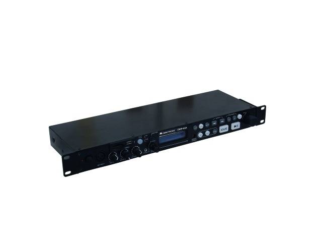 A black electronic audio mixing desk in a 19-inch rack format with multiple faders and connections on the front panel.