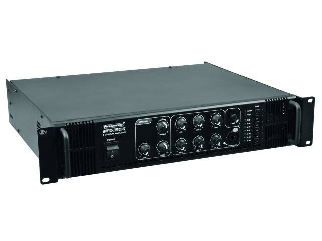 Black and grey audio amplifier with multiple rotary controls and toggle switches on the front panel. Suitable for professional audio applications.
