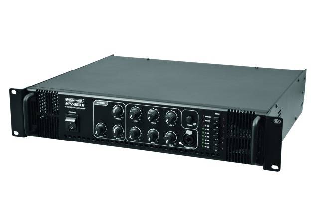 Black audio amplifier with multiple rotary controls and displays on the front panel, used for sound adjustment in professional audio systems.