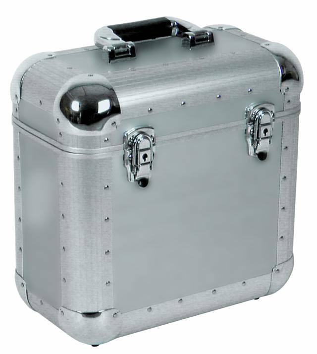 Silver metal case with sturdy handle and two locks, suitable for secure transportation of items.