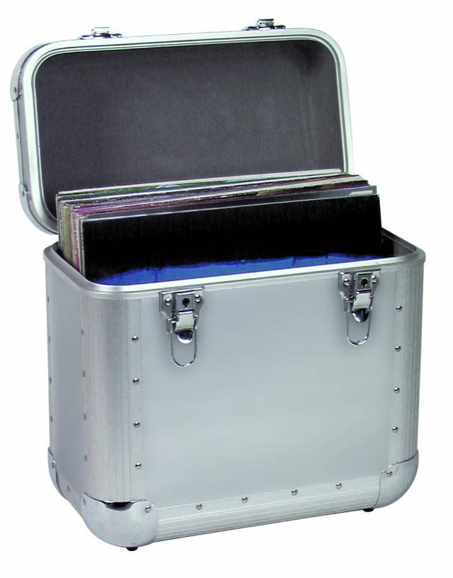 Silver record case with an open lid, where vinyl records are standing upright.